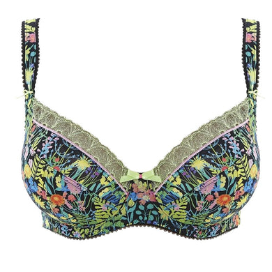 Freya's Strawberry Fields, balconette, plunge bra creates that pinup look. Green bows and lace garnish this bra. Style  1961.