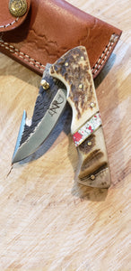 Folding Pocket Knife Deer Antler Ram Horn Red Turquoise Handle Hammered Steel (J26) - North Rustic