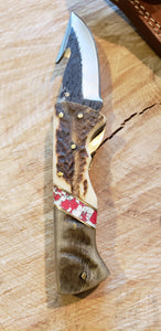 Folding Pocket Knife Deer Antler Ram Horn Red Turquoise Handle Hammered Steel (J26) - North Rustic