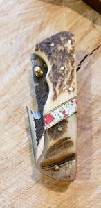 Folding Pocket Knife Deer Antler Ram Horn Red Turquoise Handle Hammered Steel (J26) - North Rustic