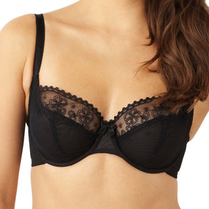  Made by Panache, this is Lucy from their Cleo line. A seamed, 3-part cup, wired, balcony bra. Sides and back are made of powermesh for a secure fit and cups are lined at bottom for extra support. Style 5851. 