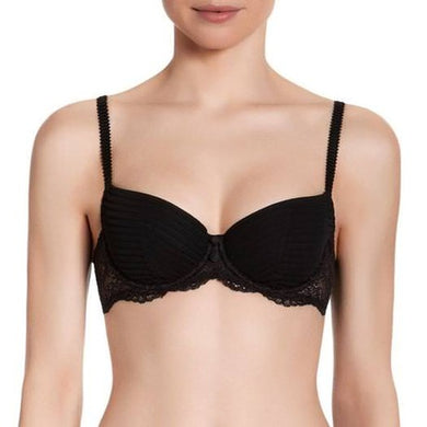 Simone Perele's lined, padded, demi bra in black, Aboslue, has a pleated graphic mesh over the cups for style. Style - 13X341.